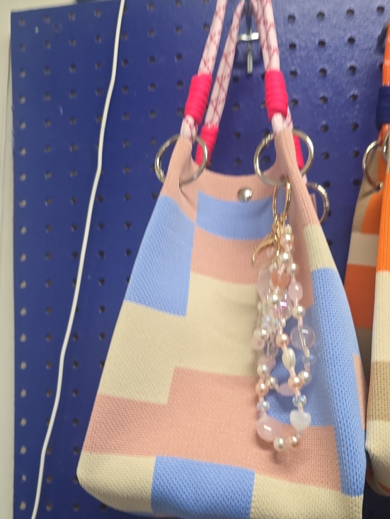 Handbags - Pastel Geometric Tote with Beaded Charm